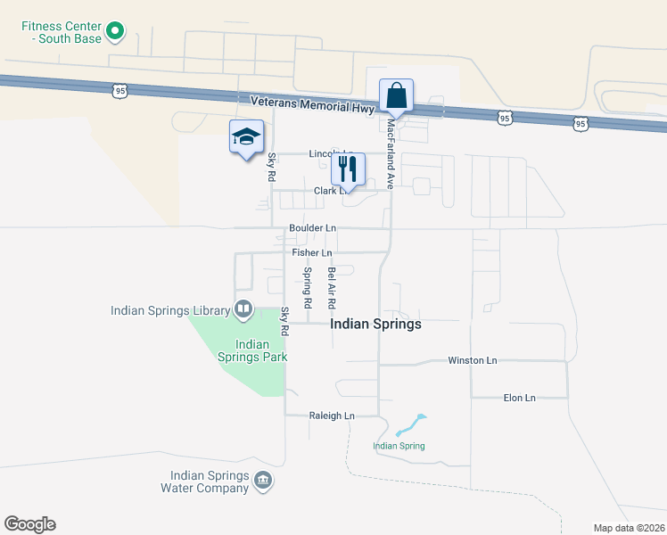 map of restaurants, bars, coffee shops, grocery stores, and more near 25 Bel Air Road in Indian Springs