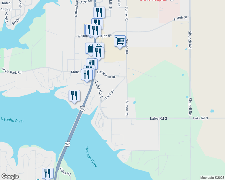 map of restaurants, bars, coffee shops, grocery stores, and more near 321 Gault Road in Grove