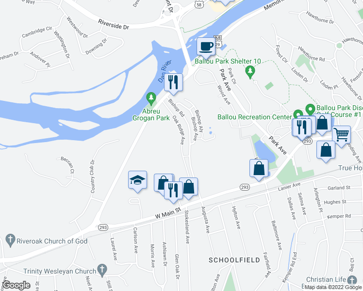 map of restaurants, bars, coffee shops, grocery stores, and more near 6 Oak Ridge Avenue in Danville
