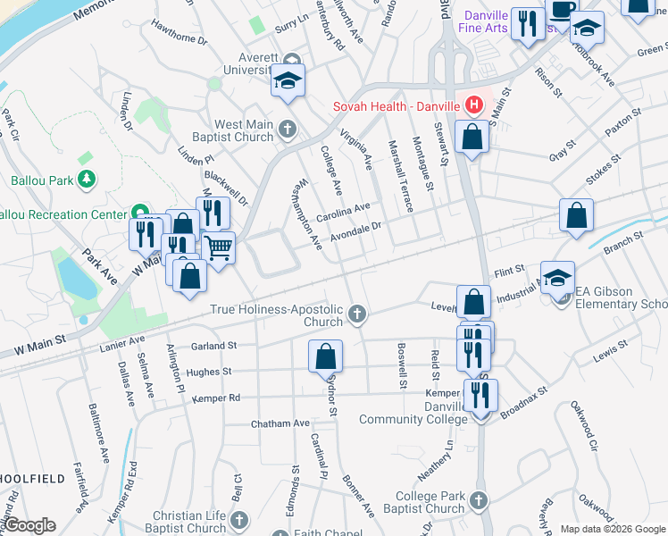 map of restaurants, bars, coffee shops, grocery stores, and more near 413 Southampton Avenue in Danville