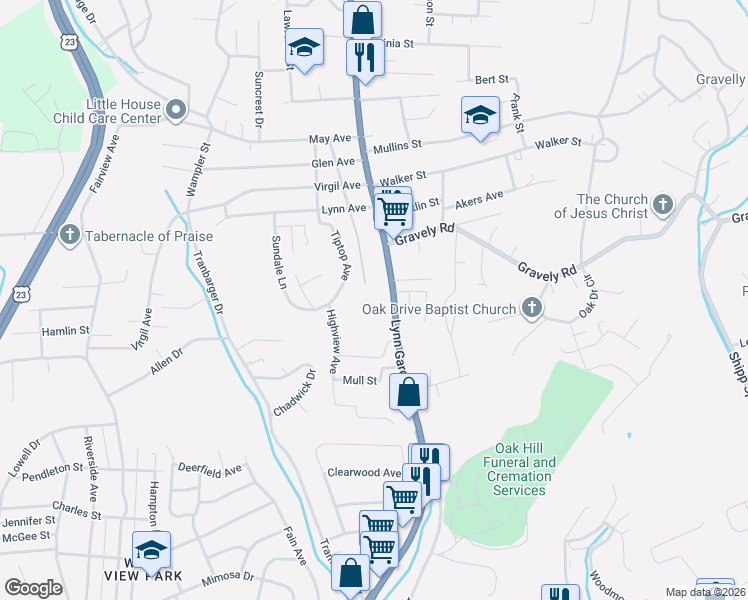 map of restaurants, bars, coffee shops, grocery stores, and more near 996 Lynn Garden Drive in Kingsport