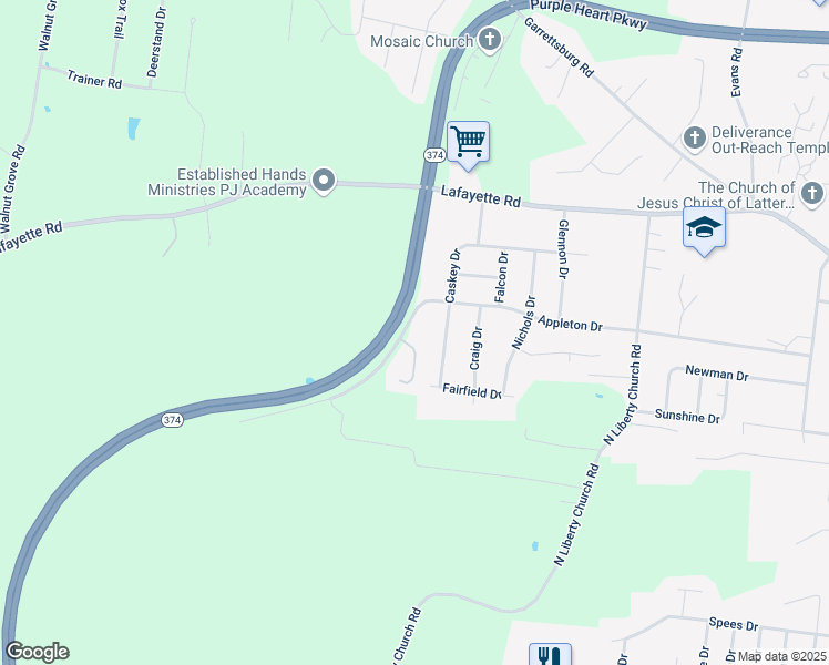 map of restaurants, bars, coffee shops, grocery stores, and more near 581 Caskey Drive in Clarksville