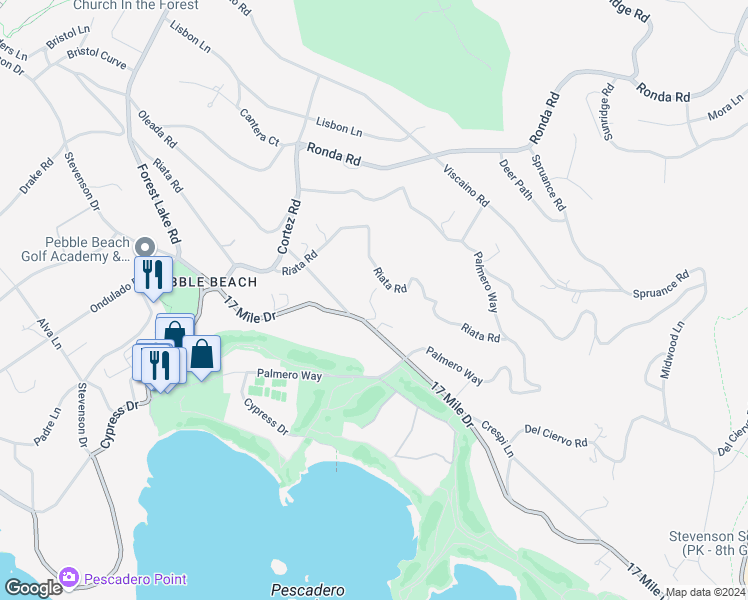 map of restaurants, bars, coffee shops, grocery stores, and more near 1540 Riata Road in Del Monte Forest