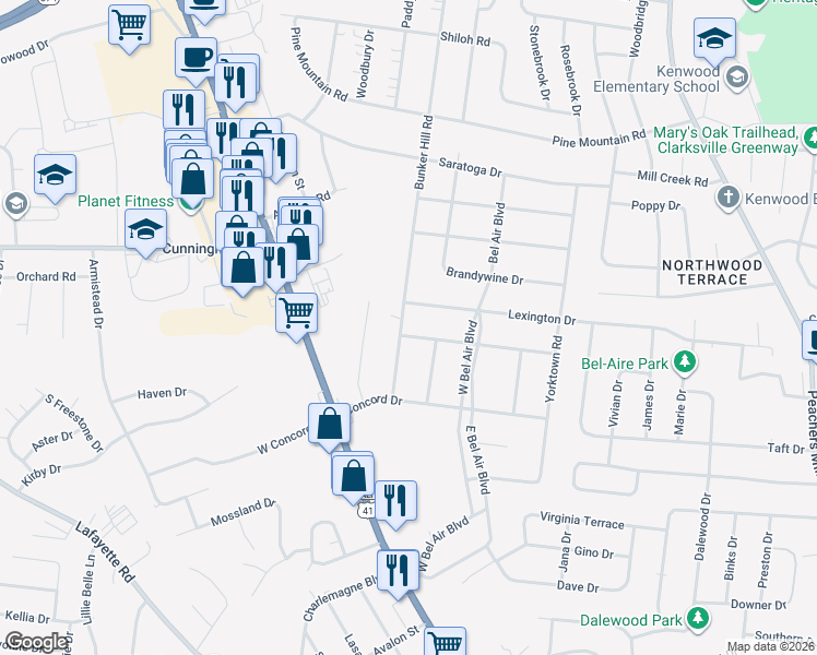 map of restaurants, bars, coffee shops, grocery stores, and more near 2 Donelson Drive in Clarksville