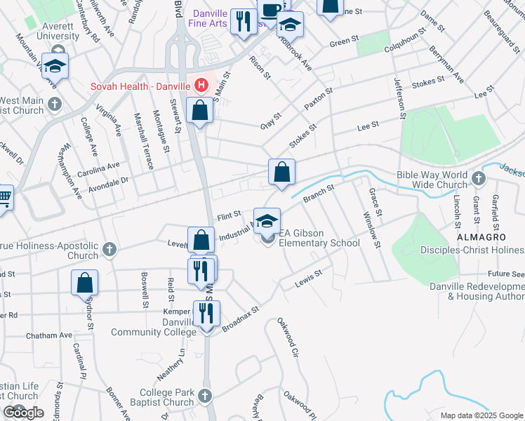 map of restaurants, bars, coffee shops, grocery stores, and more near 1215 Industrial Avenue in Danville