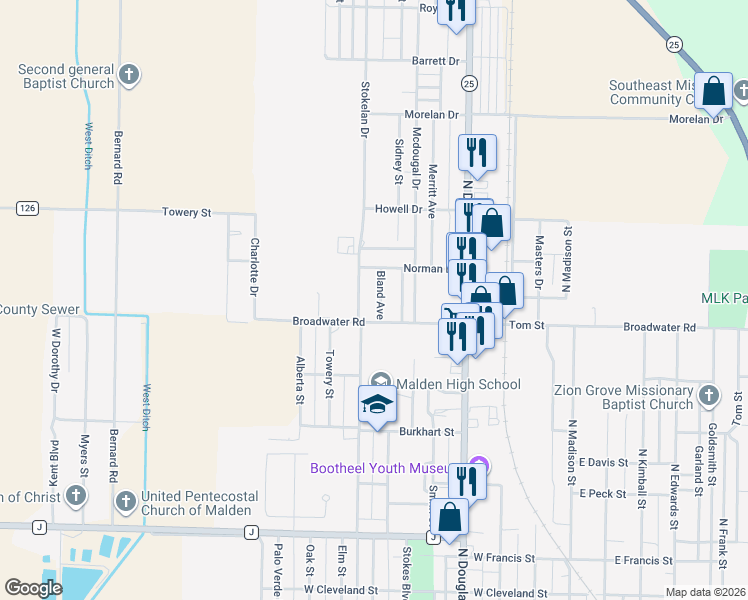 map of restaurants, bars, coffee shops, grocery stores, and more near 1101 Bland Avenue in Malden