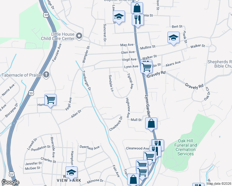 map of restaurants, bars, coffee shops, grocery stores, and more near 841 Tiptop Avenue in Kingsport