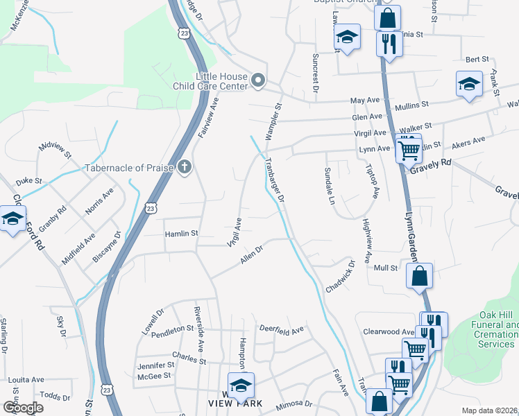map of restaurants, bars, coffee shops, grocery stores, and more near 416 Allen Drive in Kingsport