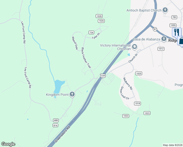 map of restaurants, bars, coffee shops, grocery stores, and more near 100 Lee Ford Camp Road in Ridgeway