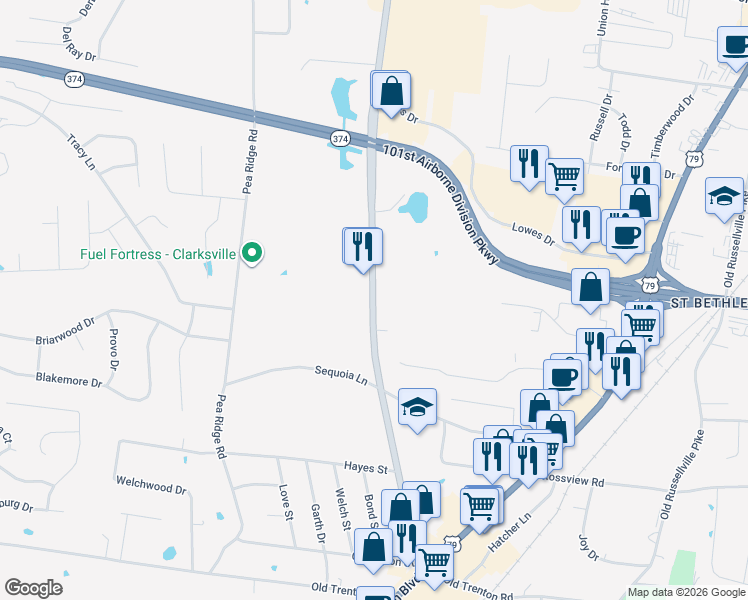map of restaurants, bars, coffee shops, grocery stores, and more near 2275 Trenton Road in Clarksville