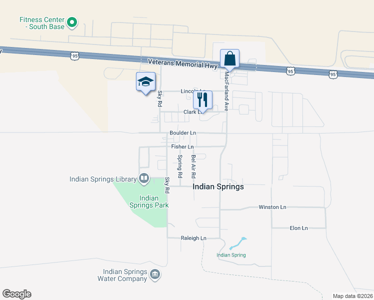 map of restaurants, bars, coffee shops, grocery stores, and more near 25 Bel Air Road in Indian Springs