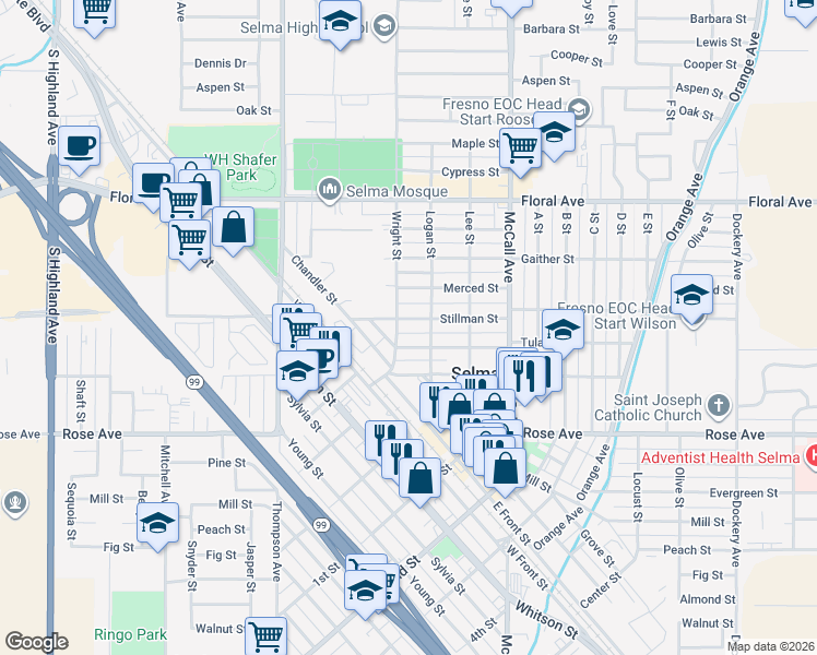 map of restaurants, bars, coffee shops, grocery stores, and more near 2227 Tulare Street in Selma