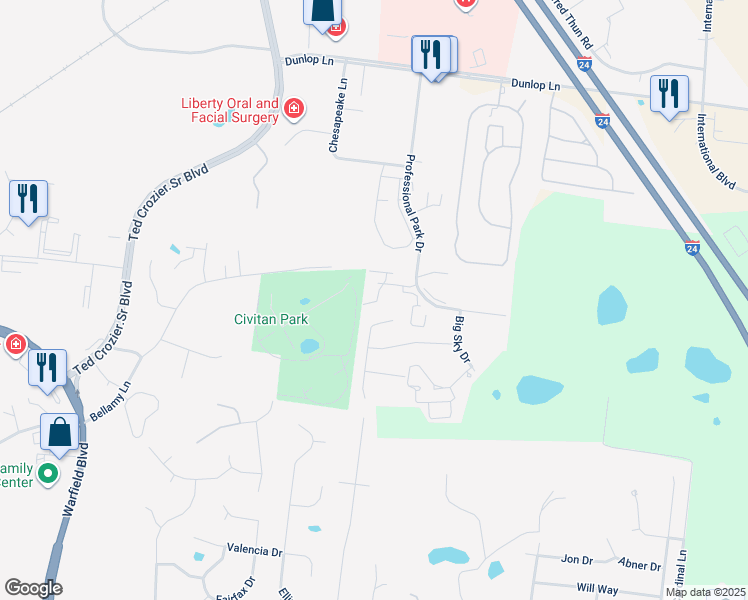map of restaurants, bars, coffee shops, grocery stores, and more near 2272 Killington Drive in Clarksville