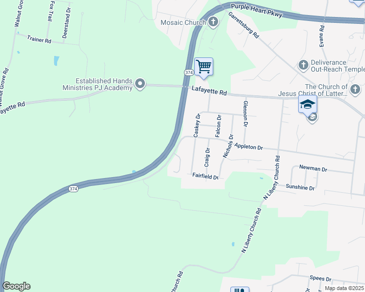 map of restaurants, bars, coffee shops, grocery stores, and more near 581 Caskey Drive in Clarksville