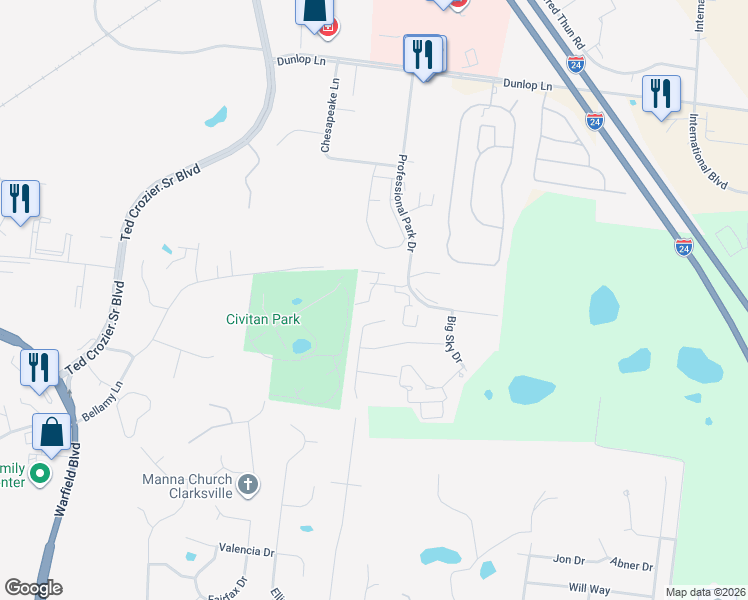 map of restaurants, bars, coffee shops, grocery stores, and more near 2300 Killington Drive in Clarksville