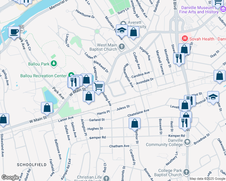 map of restaurants, bars, coffee shops, grocery stores, and more near 124 Howeland Circle in Danville