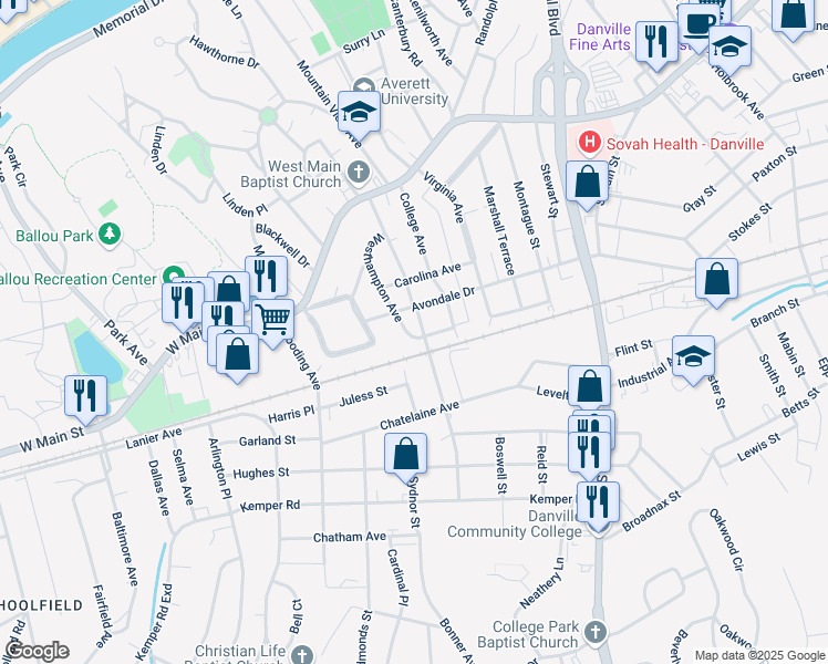 map of restaurants, bars, coffee shops, grocery stores, and more near 472 Avondale Drive in Danville