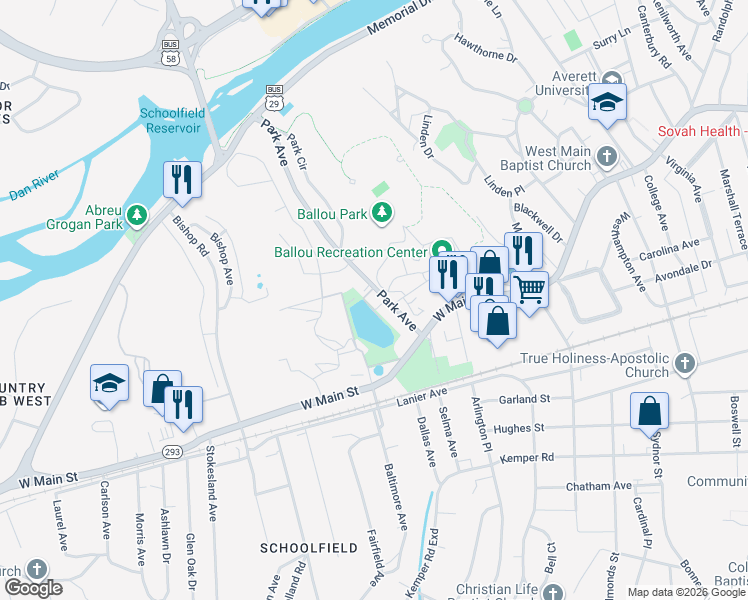 map of restaurants, bars, coffee shops, grocery stores, and more near 160 Park Avenue in Danville