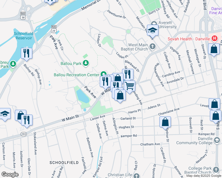 map of restaurants, bars, coffee shops, grocery stores, and more near 607 West Main Street in Danville