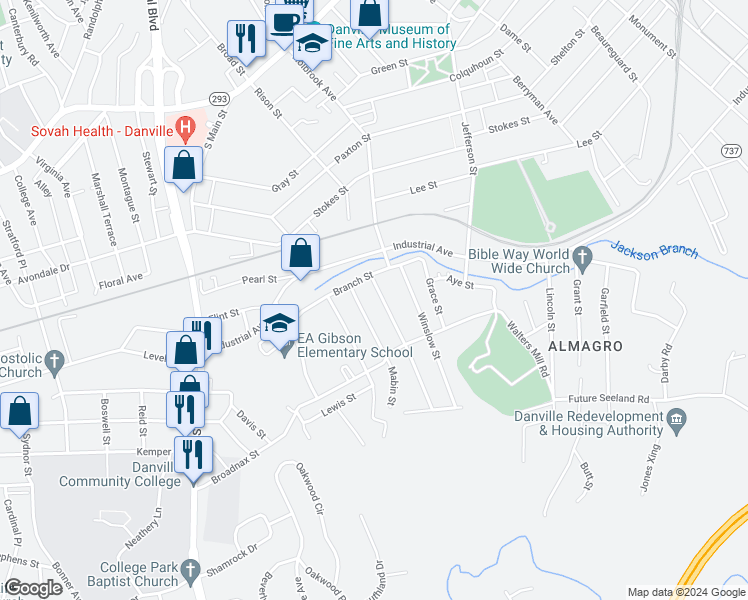 map of restaurants, bars, coffee shops, grocery stores, and more near 100 Epps Street in Danville