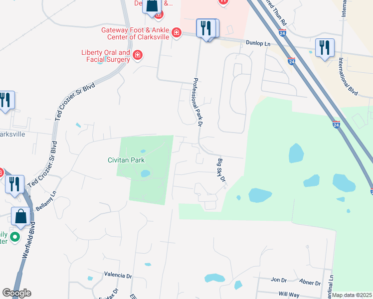 map of restaurants, bars, coffee shops, grocery stores, and more near 645 Stowe Court in Clarksville