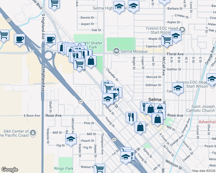 map of restaurants, bars, coffee shops, grocery stores, and more near 2399 West Front Street in Selma