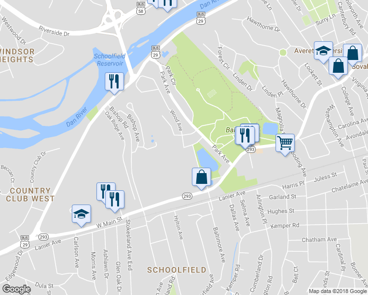 map of restaurants, bars, coffee shops, grocery stores, and more near 423 Wood Avenue Exd in Danville