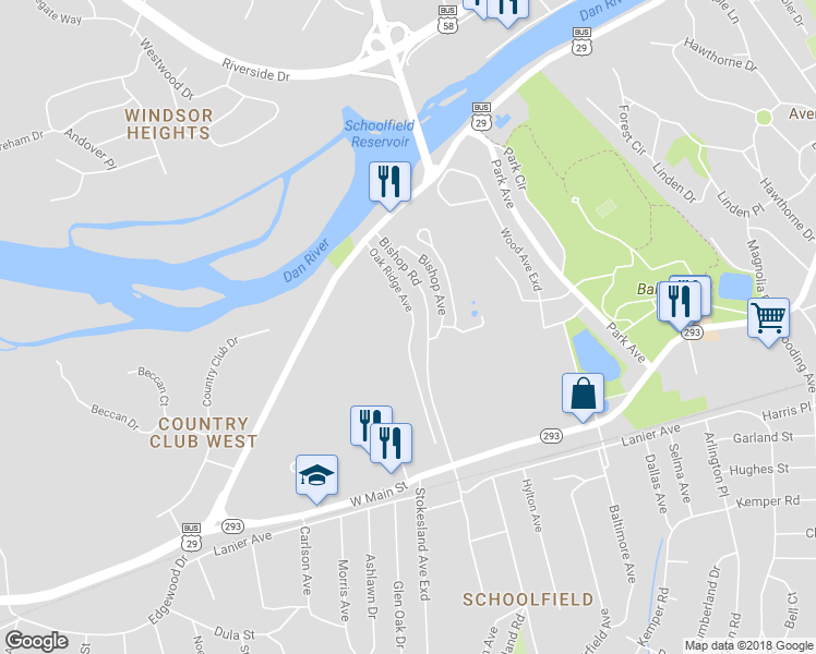 map of restaurants, bars, coffee shops, grocery stores, and more near 15 Oak Ridge Avenue in Danville