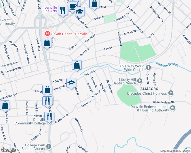 map of restaurants, bars, coffee shops, grocery stores, and more near 100 Epps Street in Danville