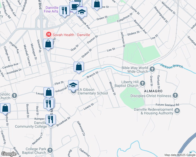 map of restaurants, bars, coffee shops, grocery stores, and more near 120 Epps Street in Danville