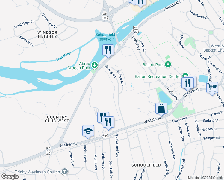 map of restaurants, bars, coffee shops, grocery stores, and more near 15 Oak Ridge Avenue in Danville
