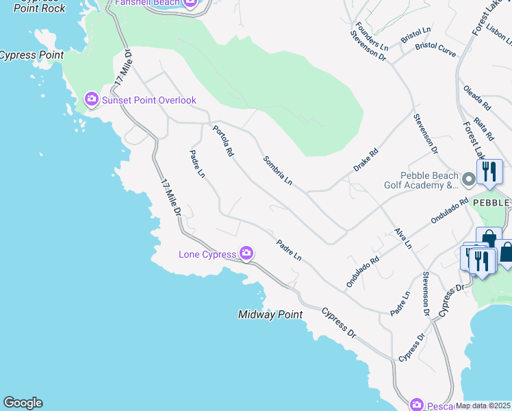map of restaurants, bars, coffee shops, grocery stores, and more near 1246 Portola Road in Del Monte Forest
