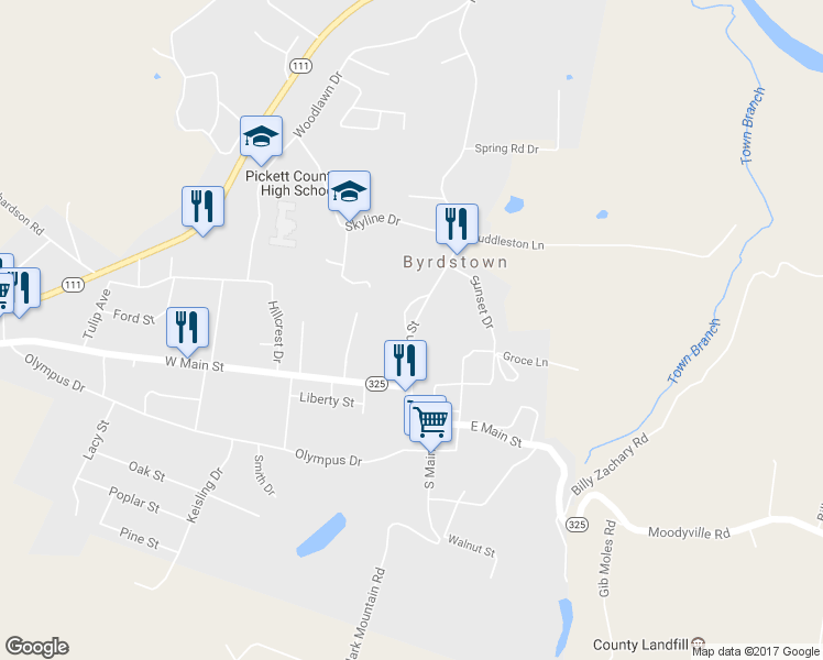 map of restaurants, bars, coffee shops, grocery stores, and more near 210 North Main Street in Byrdstown