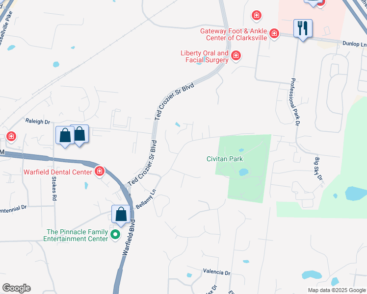 map of restaurants, bars, coffee shops, grocery stores, and more near 527 Bellamy Lane in Clarksville