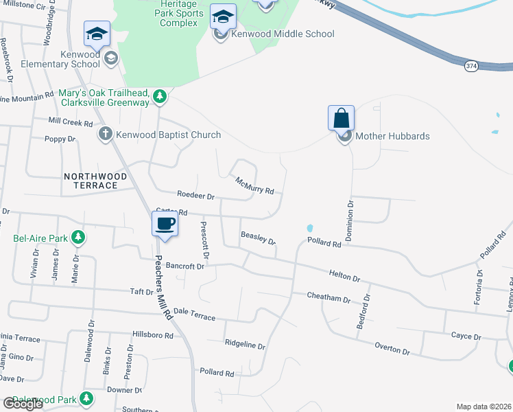map of restaurants, bars, coffee shops, grocery stores, and more near 424 McMurry Road in Clarksville