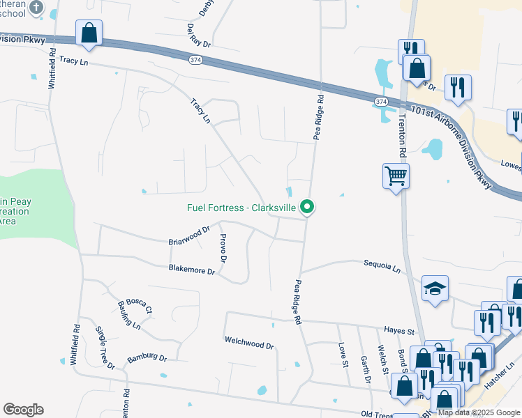 map of restaurants, bars, coffee shops, grocery stores, and more near 532 Tracy Lane in Clarksville