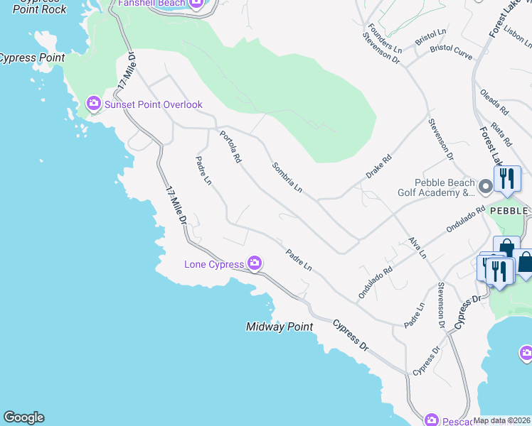 map of restaurants, bars, coffee shops, grocery stores, and more near 1236 Portola Road in Del Monte Forest