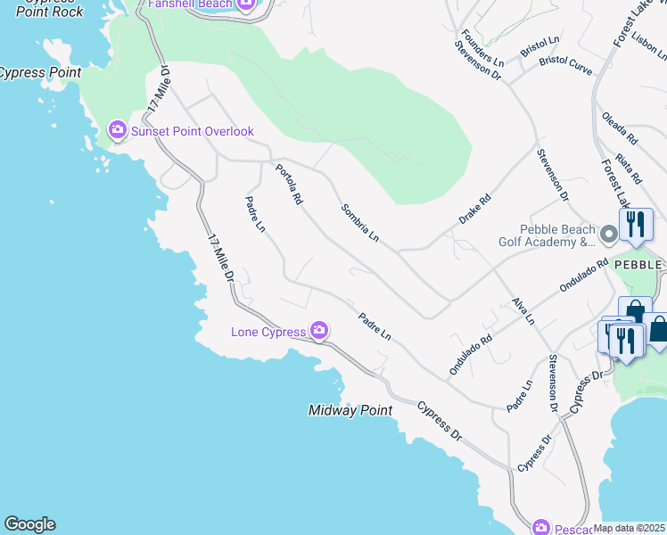 map of restaurants, bars, coffee shops, grocery stores, and more near 1246 Portola Road in Del Monte Forest