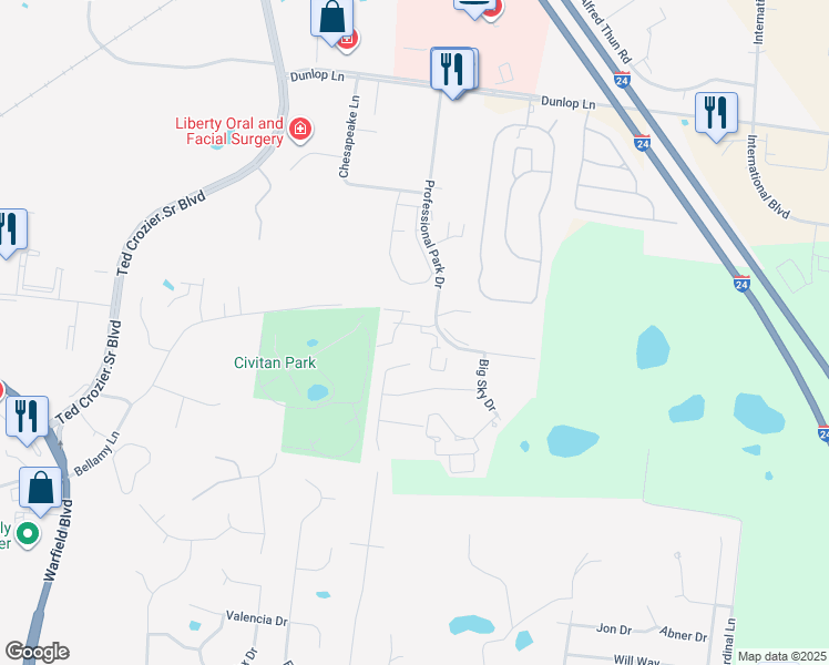 map of restaurants, bars, coffee shops, grocery stores, and more near 645 Stowe Court in Clarksville