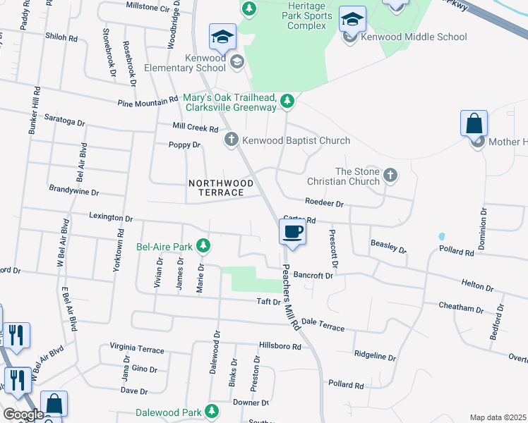 map of restaurants, bars, coffee shops, grocery stores, and more near 913 Peachers Mill Road in Clarksville