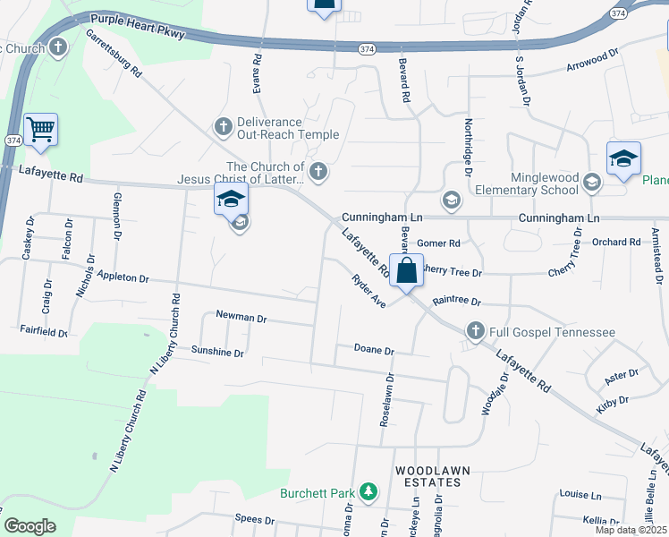 map of restaurants, bars, coffee shops, grocery stores, and more near 375 Ryder Avenue in Clarksville