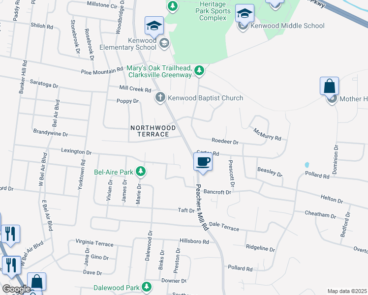 map of restaurants, bars, coffee shops, grocery stores, and more near 913 Peachers Mill Road in Clarksville