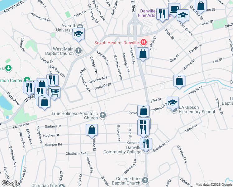 map of restaurants, bars, coffee shops, grocery stores, and more near 328 Floral Avenue in Danville