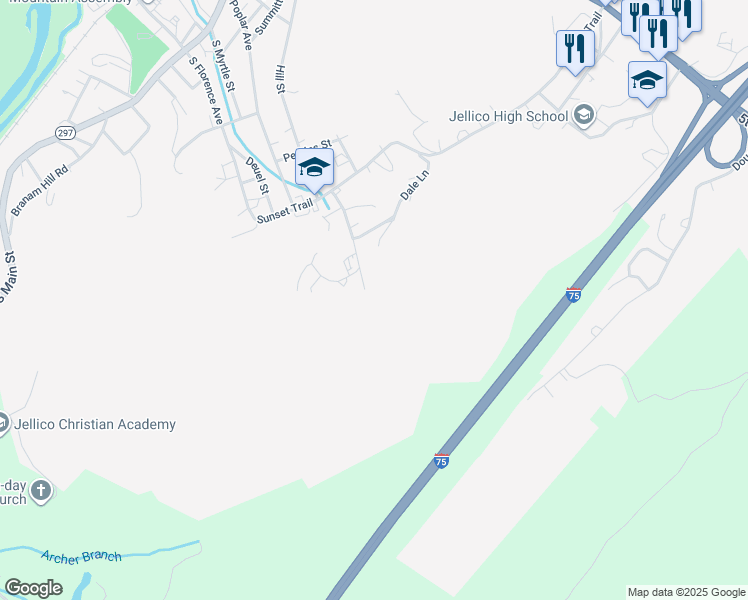 map of restaurants, bars, coffee shops, grocery stores, and more near 205 Hospital Lane in Jellico