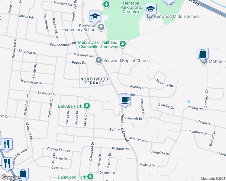 map of restaurants, bars, coffee shops, grocery stores, and more near 914 Peachers Mill Road in Clarksville