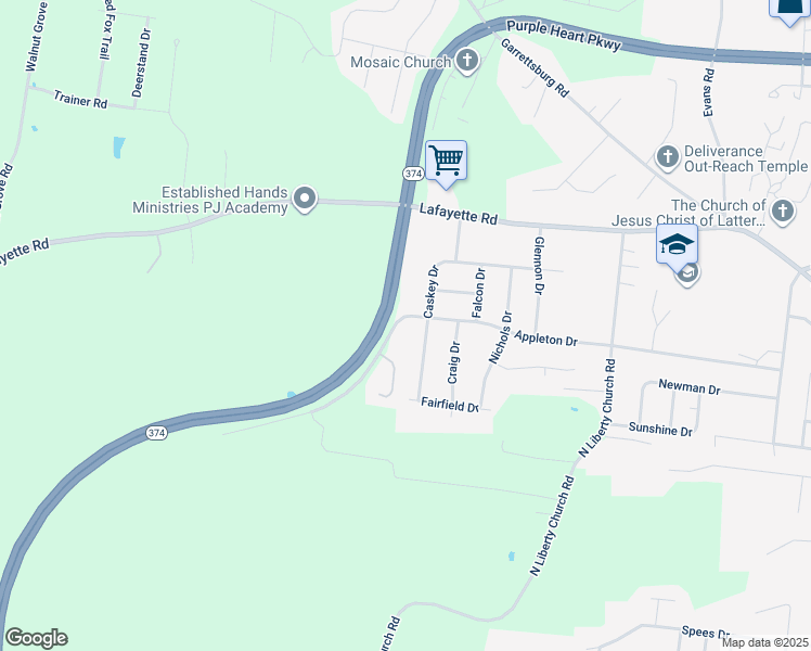 map of restaurants, bars, coffee shops, grocery stores, and more near 555 Appleton Drive in Clarksville