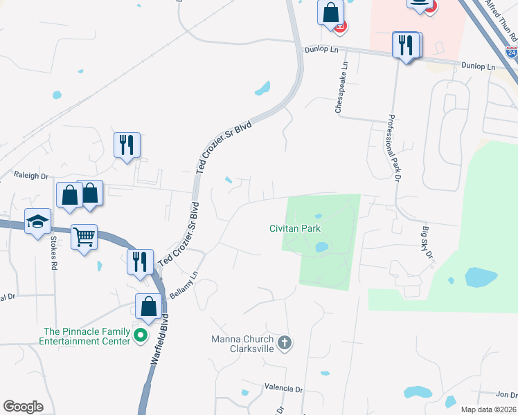 map of restaurants, bars, coffee shops, grocery stores, and more near 564 Bellamy Lane in Clarksville