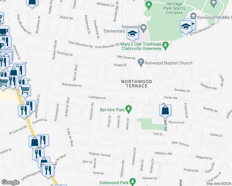 map of restaurants, bars, coffee shops, grocery stores, and more near 212 Marshall Drive in Clarksville