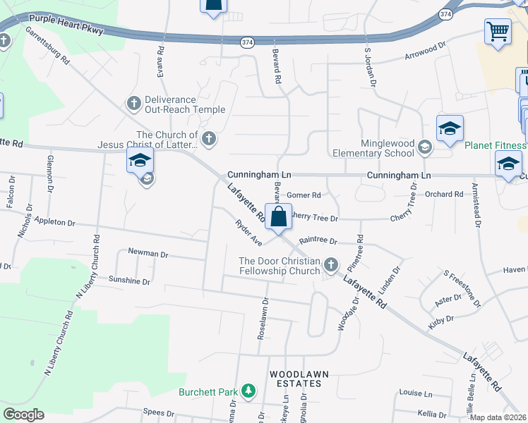 map of restaurants, bars, coffee shops, grocery stores, and more near 731 Lafayette Road in Clarksville