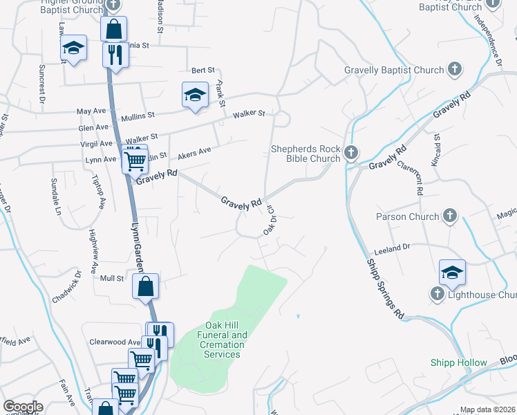 map of restaurants, bars, coffee shops, grocery stores, and more near 313 Gravely Road in Kingsport